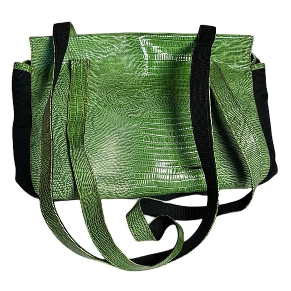 ITALY CROCODILE LEATHER green & black canvas one of a kind long straps - Picture 1 of 17